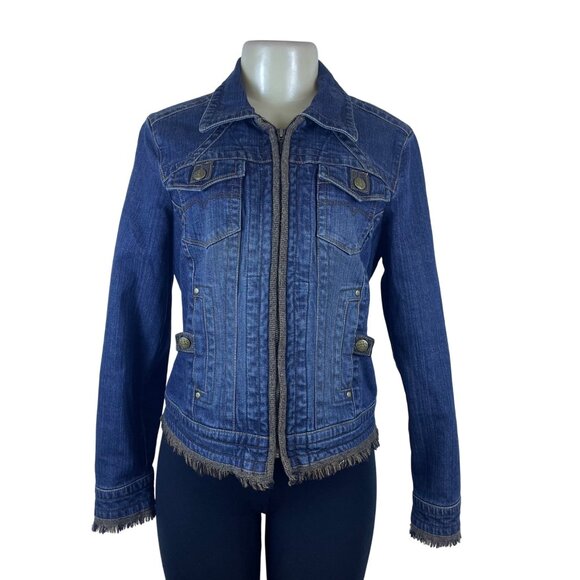 Cabi Women's Blue Denim Jacket Frayed Hem & Cuffs Long Sleeve Pockets Size M - Picture 1 of 10